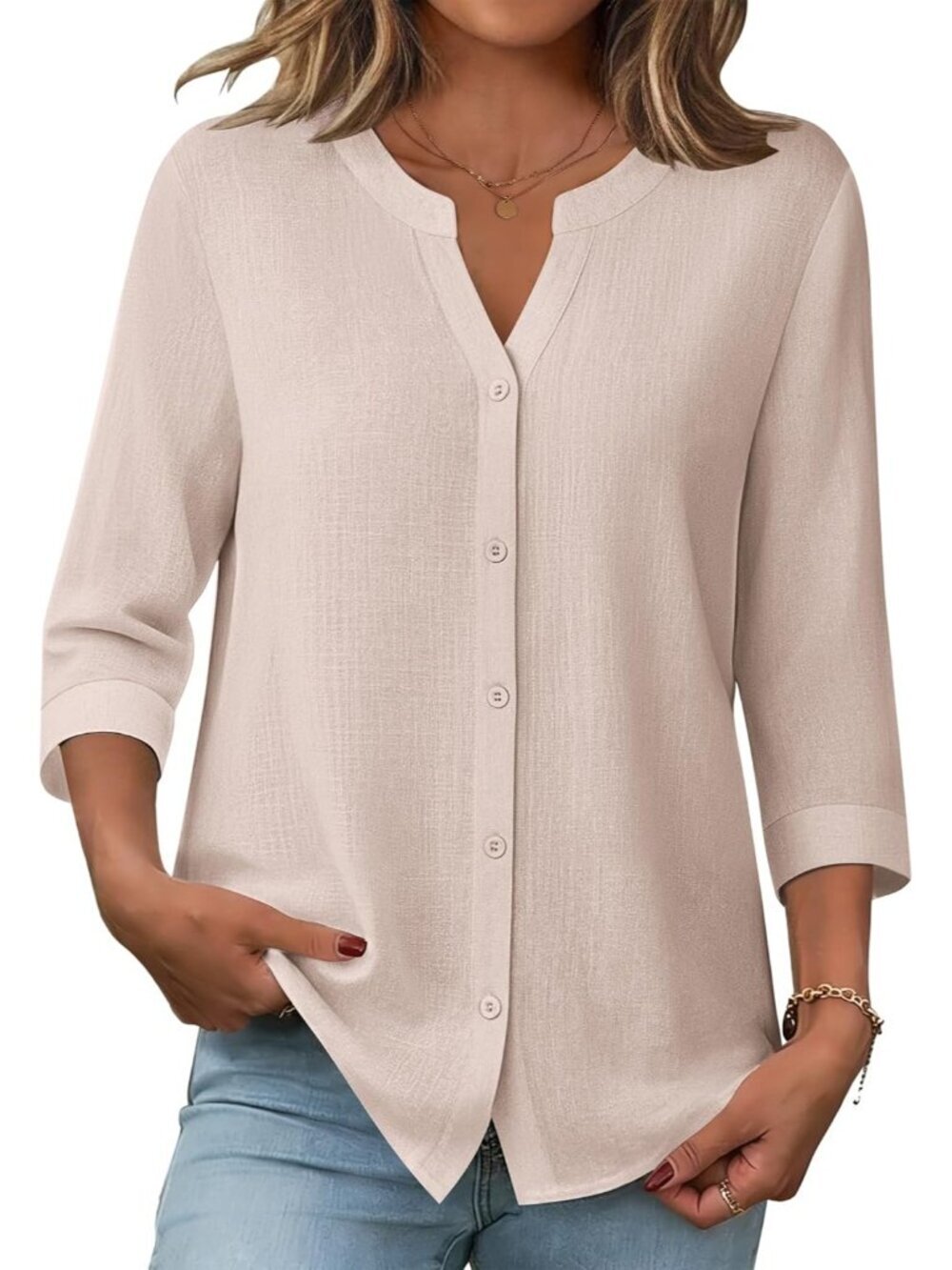 Women Khaki Button Down Sleeve Linen Cotton V Neck Casual Loose Work Blouses